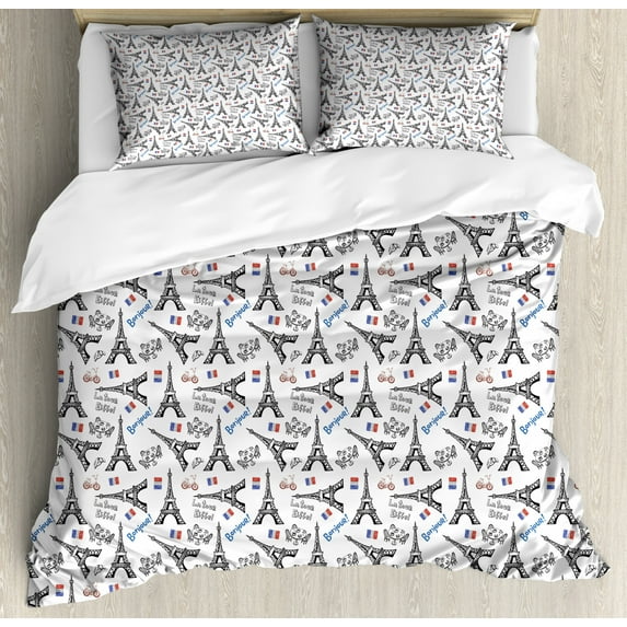 Eiffel Duvet Cover Set Queen Size, Cute Doodle of Towers French Flag Bonjour La Tour Eiffel Cafe Croissant Bicycle, Decorative 3 Piece Bedding Set with 2 Pillow Shams, Blue Black Red, by Ambesonne