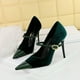 thumbnail image 2 of Zapatos de tacón alto y fino para mujer, con punta de gamuza y tacón bajo, con hebilla de metal y punta recta, para banquetes, con un solo zapato para mujer, 2 of 5