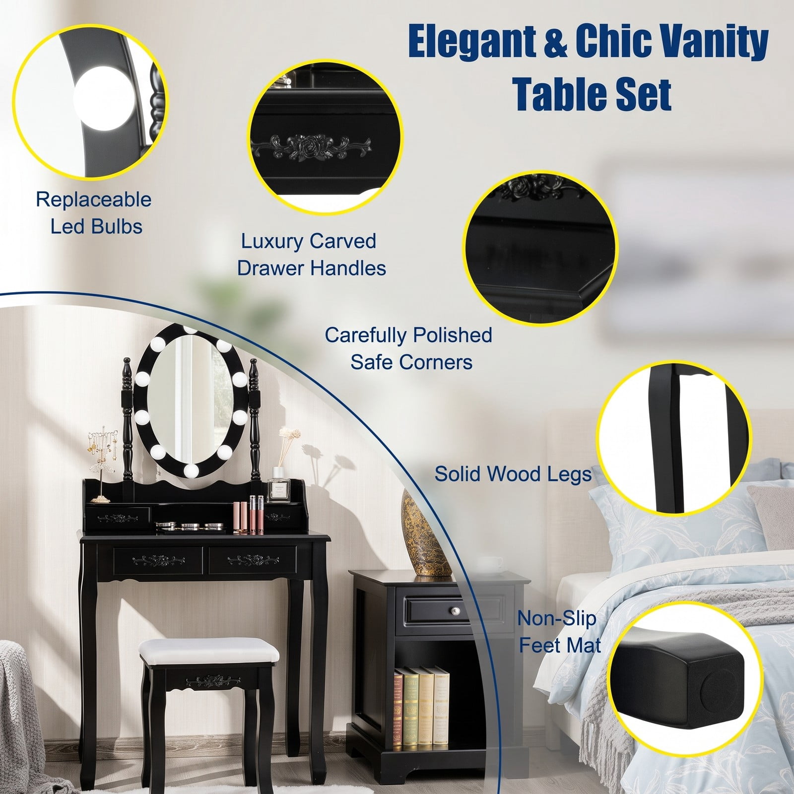 Furnibear Makeup Dressing Table with Touch Switch Lighted Mirror and Cushioned Stool, Vanity Desk with 4 Drawers and 10 LED Bulbs, Black