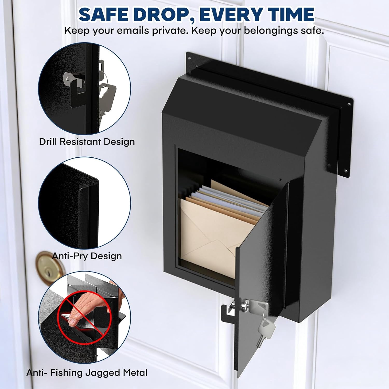 Pochar Through The Door Mailbox with Lock, Heavy Duty Cash Rents Deposit Payments Checks Drop Box for House Office Apartment (Black)