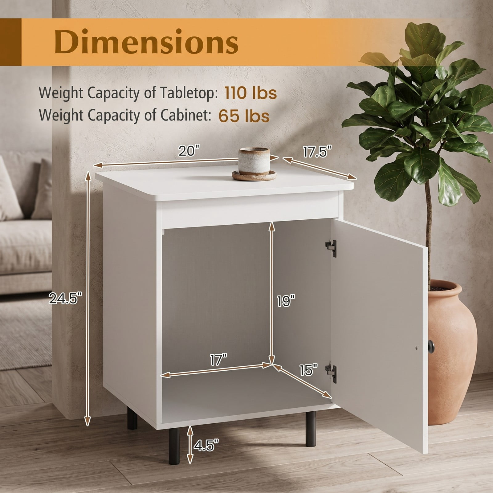 Furnibear Mid Century Nightstand with Enclosed Storage Cabinet and Open Top and Metal Legs for Bedroom and Living Room, White Bedside Table