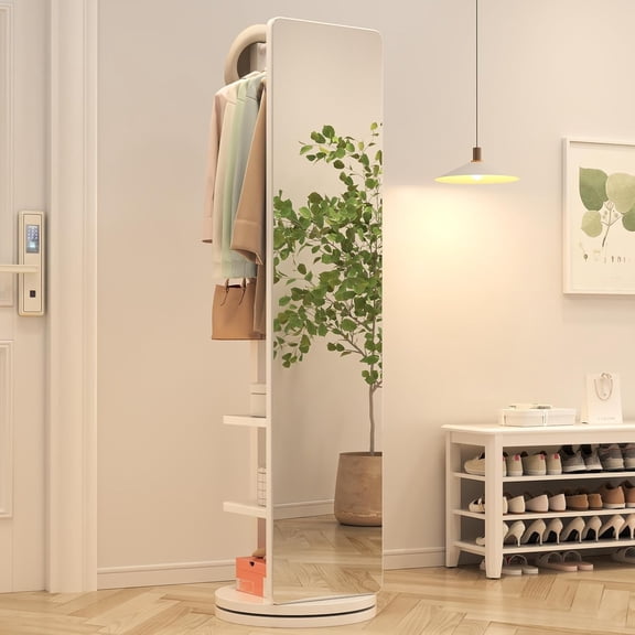 Wooden Freestanding Coat Tree with Mirror, Sturdy Coat Rack Stand for Clothes/Bags/Hats, Save Space Coat Rack for Entryway, Bedroom, Office, Narrow Place (White)
