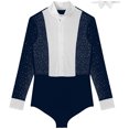 thumbnail image 3 of TiaoBug Men's Shiny Rhinestones Latin Ballroom Dance Leotard Color Block Long Sleeve Shirts with Bowtie Navy Blue L, 3 of 5