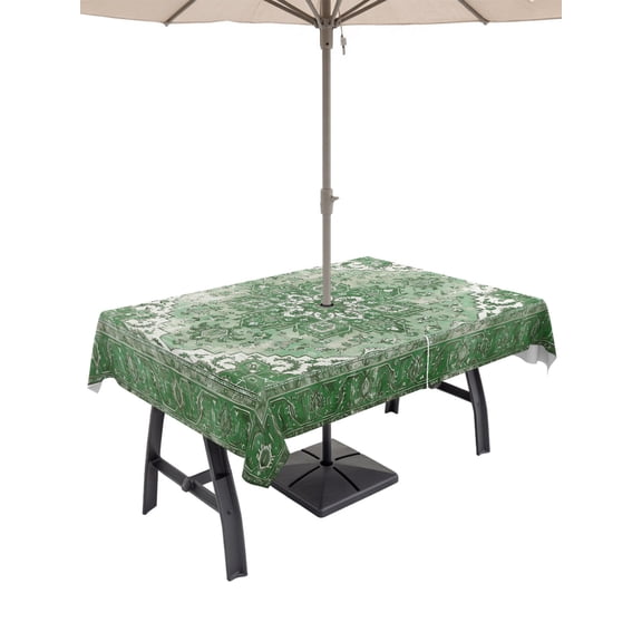 52x70 Inch Outdoor Tablecloth with Umbrella Hole Zipper Rectangle Green Bohemia Rectangular Tablecloths Outside Waterproof Vintage Abstract Ethnic Geometric Art Patio Table Cloth Cover for Picnic