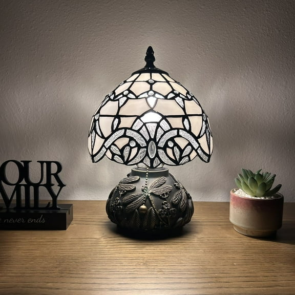 Tiffany Mini Table Lamp White Stained Glass Baroque Style Lavender Included LED Bulb Dragonfly Base for Living Room Dining Room Bedroom Bedside 12"H*8"W