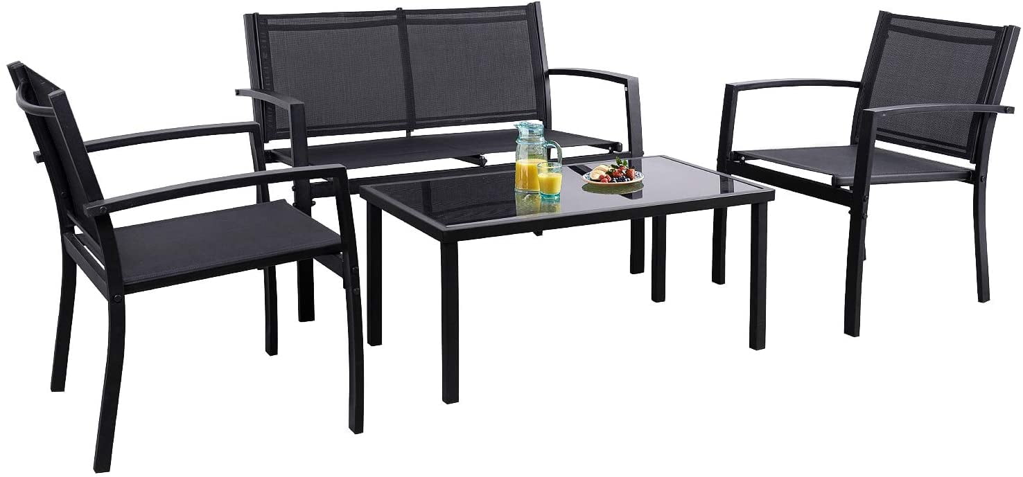 Vongrasig 4 Piece Outdoor Patio Furniture Sets Conversation Set with for Lawn Balcony Modern Textilene Bistro Set Patio with Loveseat and Glass Tea Table Black 