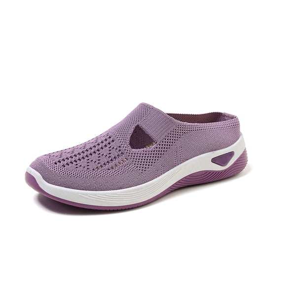 Domzle Womens Breathable Knit Slip-On Walking Shoes, Comfortable Backless Mules Sneakers, Lightweight Orthopedic Casual Loafers with Arch Support for Summer Daily Wear Light Purple