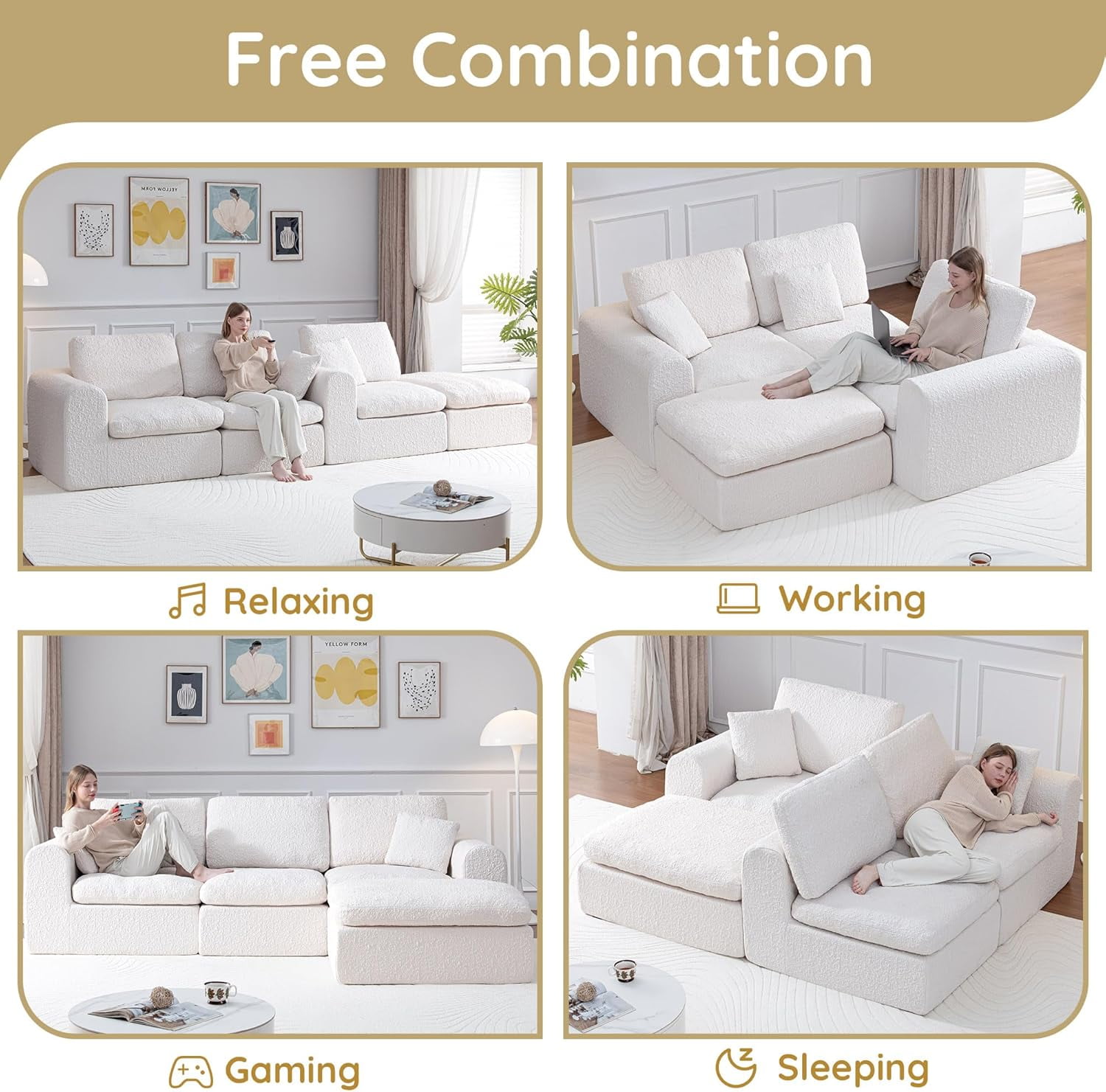 NeoNubo Modular Sectional Cloud Couch, Utra Soft L-Shaped Couch with Ottoman, Deep Seat Boneless Couches for Living Room Bedroom, No Assembly Required, White