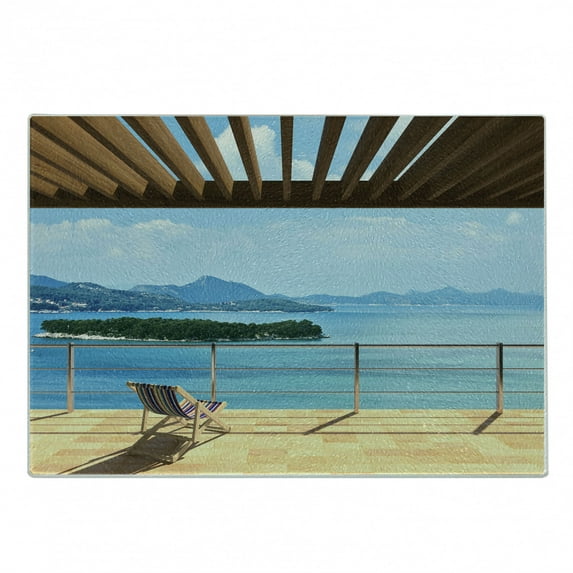 Ocean Cutting Board, Interior Balcony Panoramic Seascape Coastal Island Seaside Theme Summer Holiday, Decorative Tempered Glass Cutting and Serving Board, in 3 Sizes, by Ambesonne