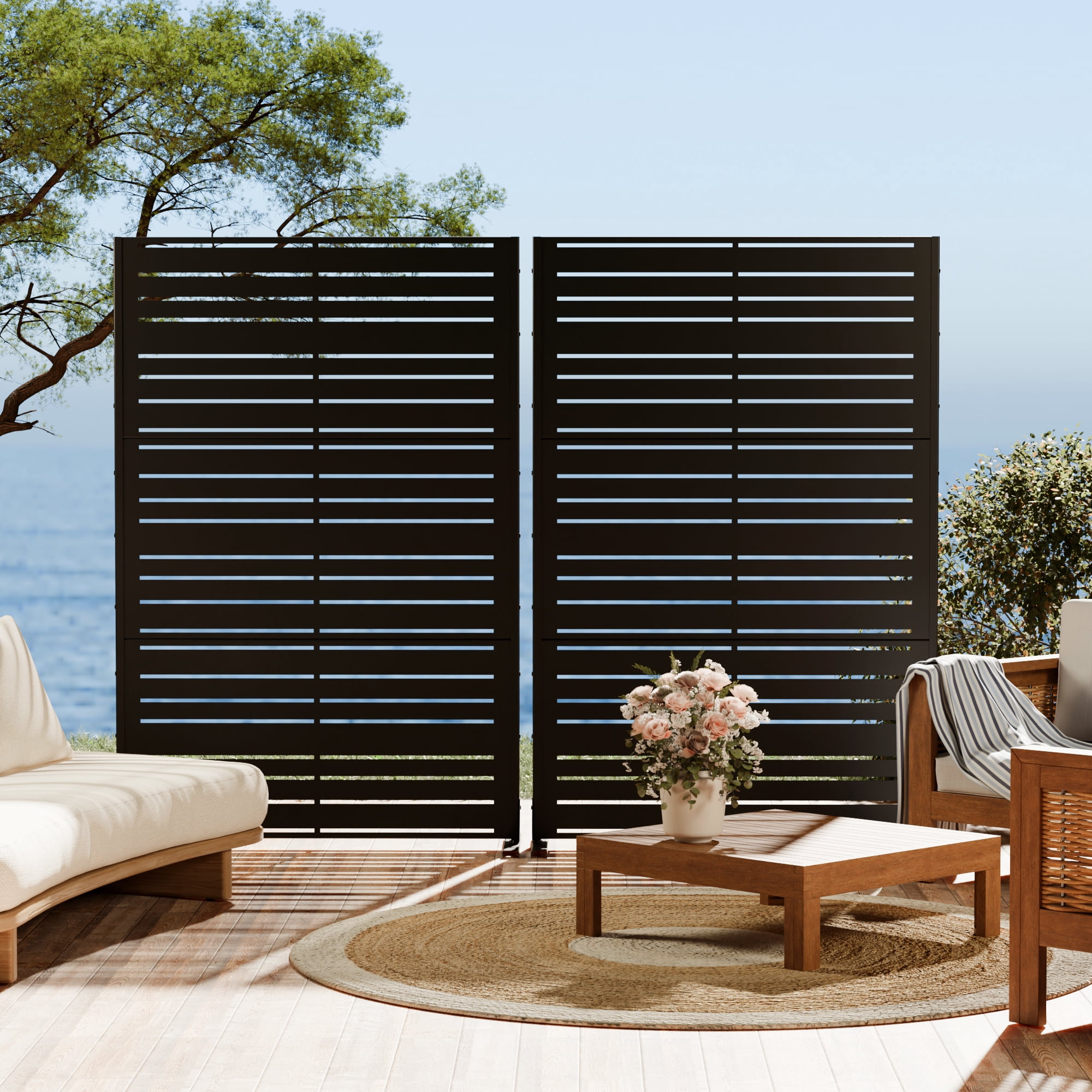 MAYEERTY 72"x47" Outdoor Privacy Screen Freestanding Metal Room Dividers Balcony Decorative Screen,Black