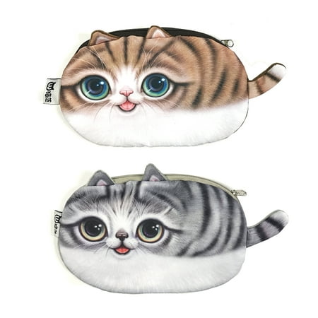 ALLYDREW Cat Face Pencil Pouches Kitty Pencil Holders Cat Pencil Cases 3D Cat Cosmetic Bags (set of 2) - Brown Cat & Gray Cat