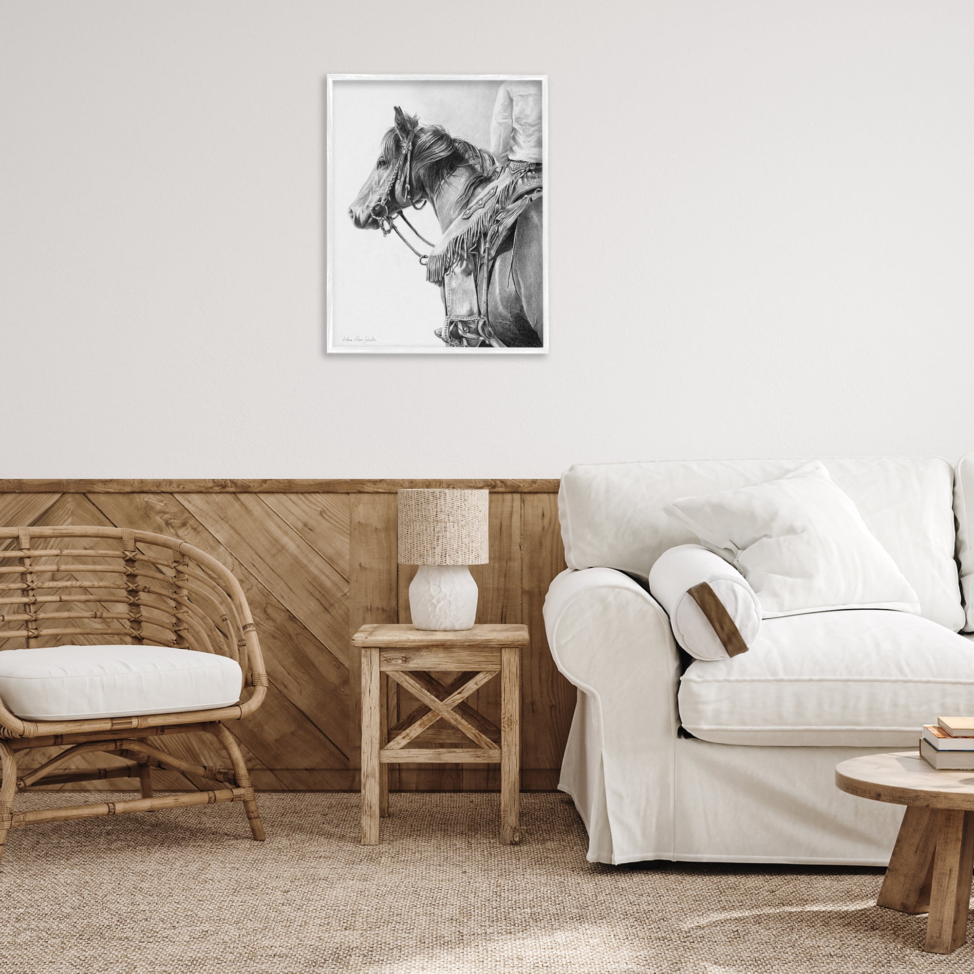 Stupell Industries Detailed Stallion & Cowboy Animals & Insects Drawing White Framed Art Print Wall Art, 24 x 30