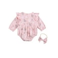 thumbnail image 2 of Baby Girls Floral Romper Button Down Ruffle Long Sleeve Bodysuit with Headband Fall Winter Outfit, 2 of 5