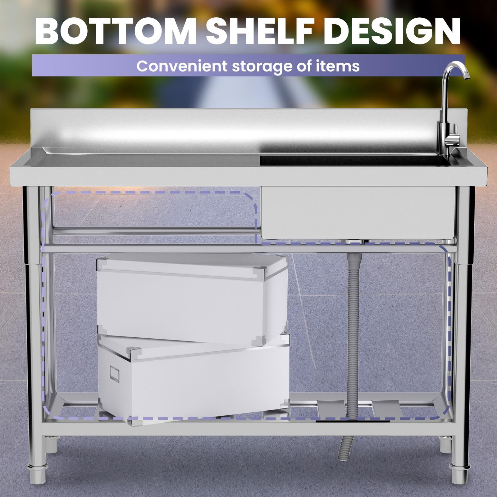 Single Bowl Utility Sink, Freestanding Wash Station, 47.3″×18.5″×33.6″ Kitchen Sink, with Swivel Faucet, Hot Cold Lines, Organizer Shelf, for Laundry, Backyard, Small Business