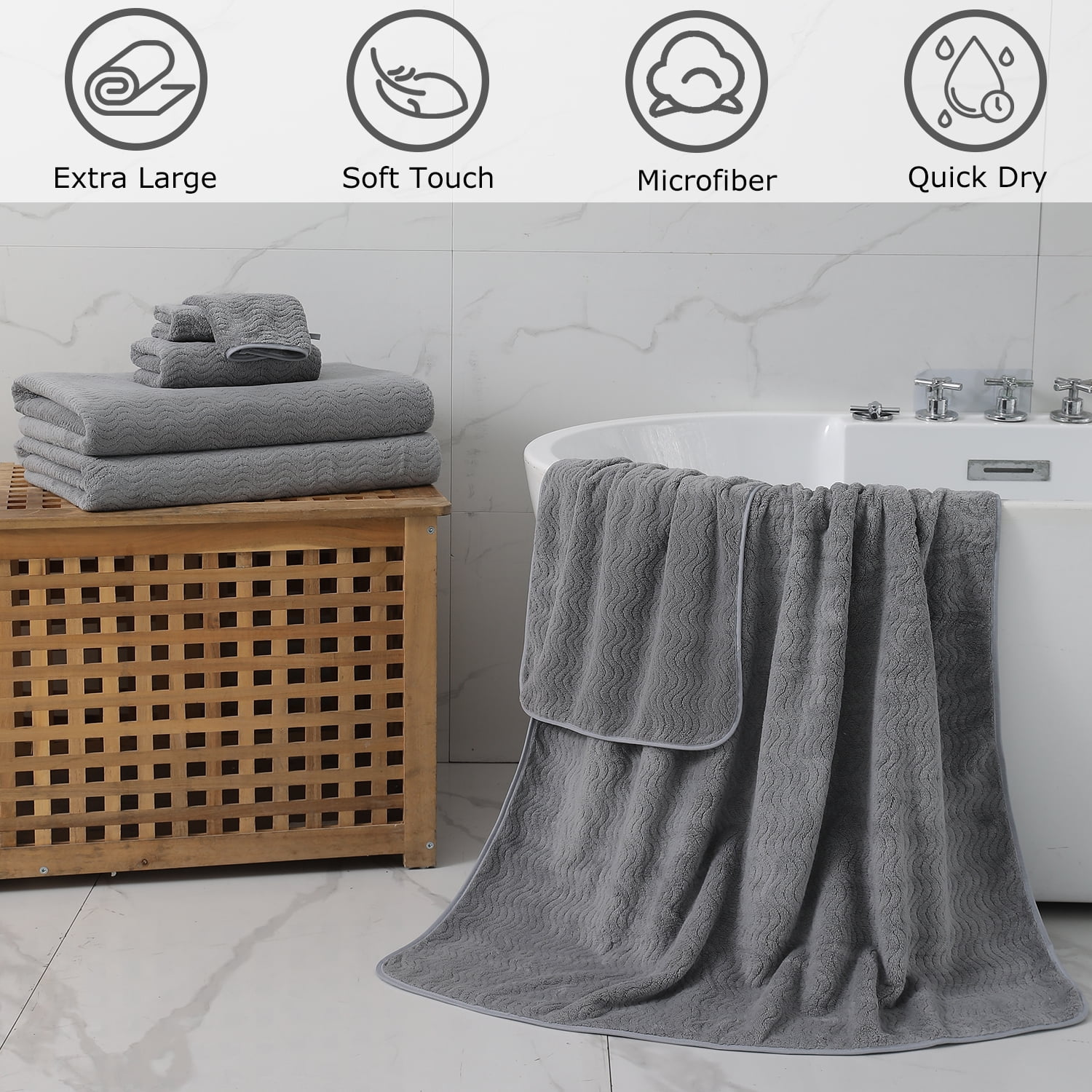 Beartech 8 Piece Microfiber Bath Towel Set ,2 Oversized Bath Sheet,2 Hand Towels,4 Washcloths, Extra Large, Soft & Less Lint Bathroom Towels Highly Absorbent Quick Dry Towels-Dark Gray
