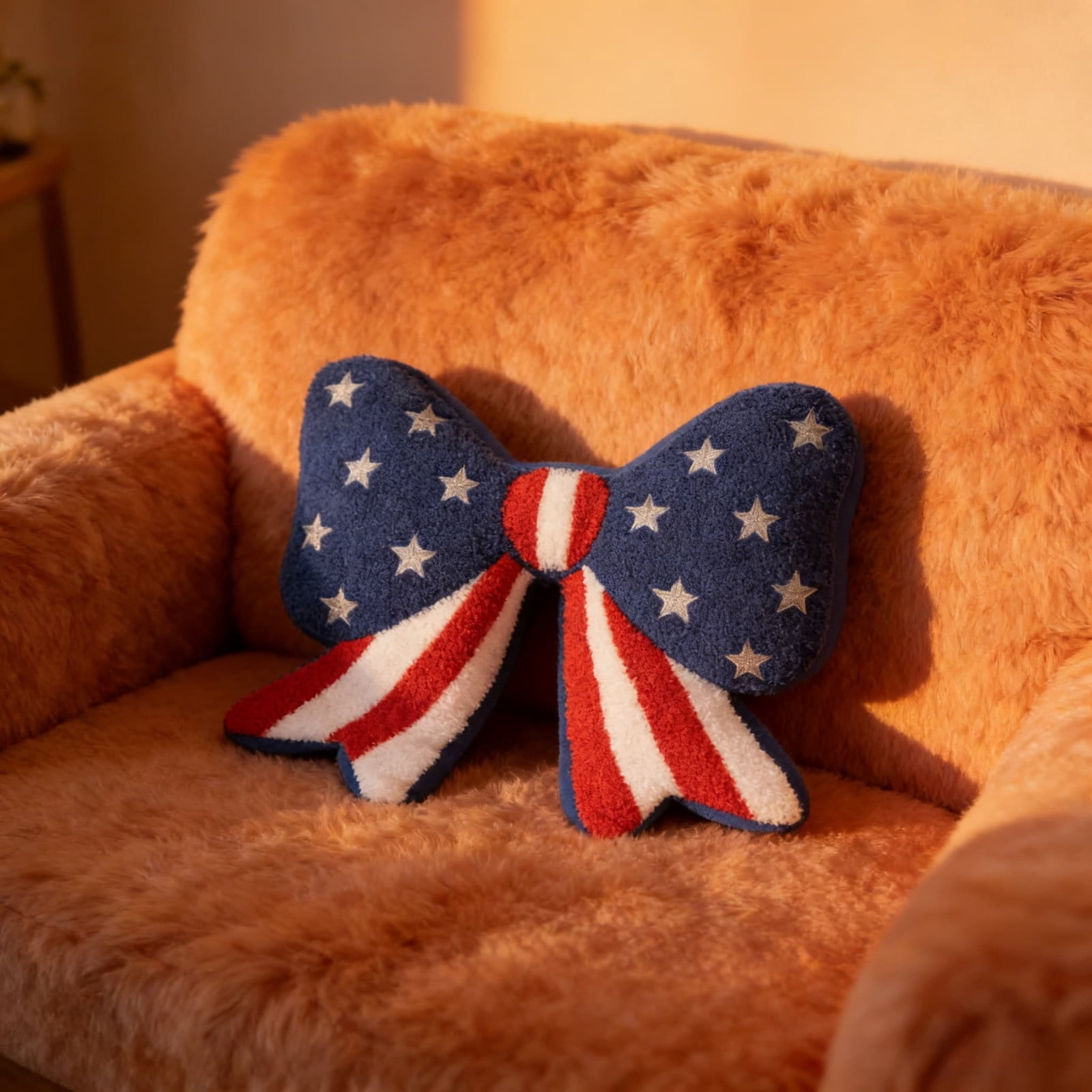 Fuebueo Independence Day Patriotic Bow Pillow, Red White and Blue Stars and Stripes Decorative Throw Cushion, 14.5 x 13 Inch
