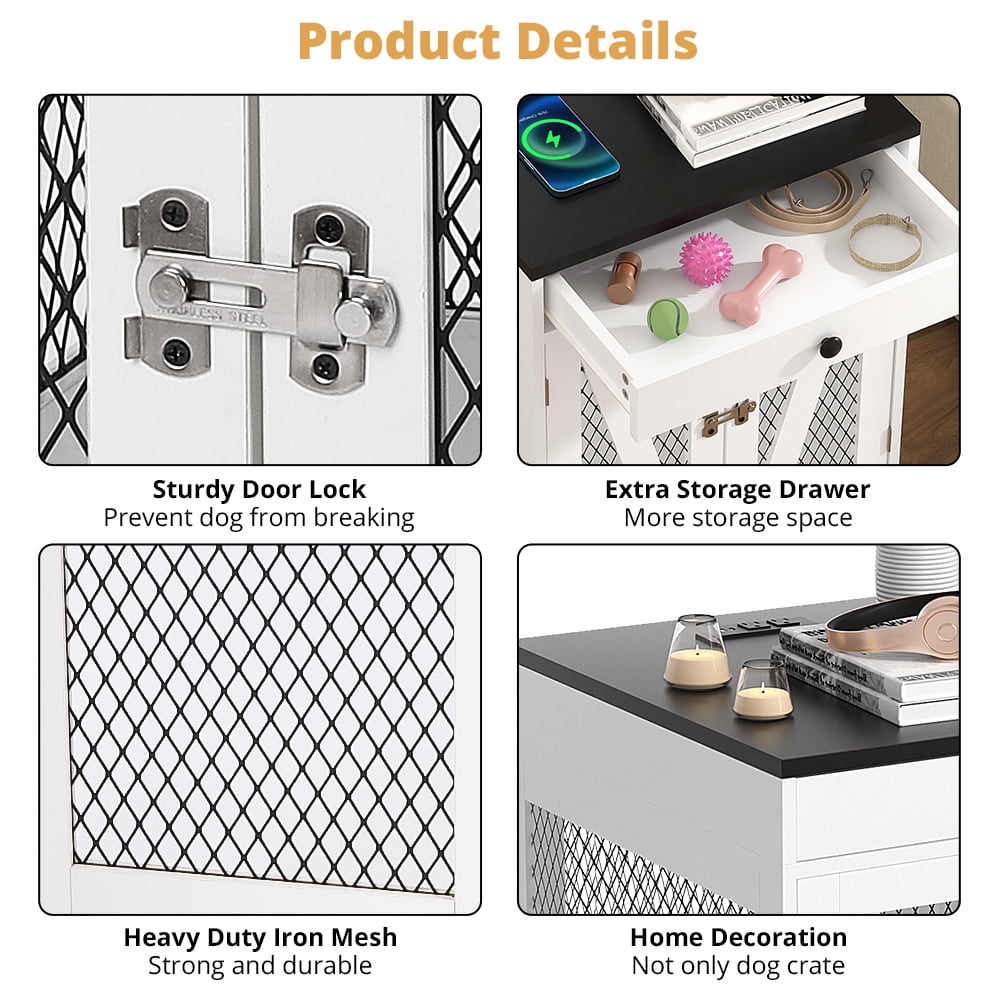 RichYa Furniture Style Dog Crate End Table, Wooden Dog Kennel with Dual USB Charging Station, for Small Dogs Under 25 lbs Indoor Use, White, S Size