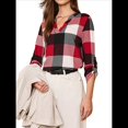 thumbnail image 3 of Blusas de Trabajo Básicas Informales para Mujer, con Cuello en V, Estampado A Cuadros, Puños y Larga. Rojo M, 3 of 9