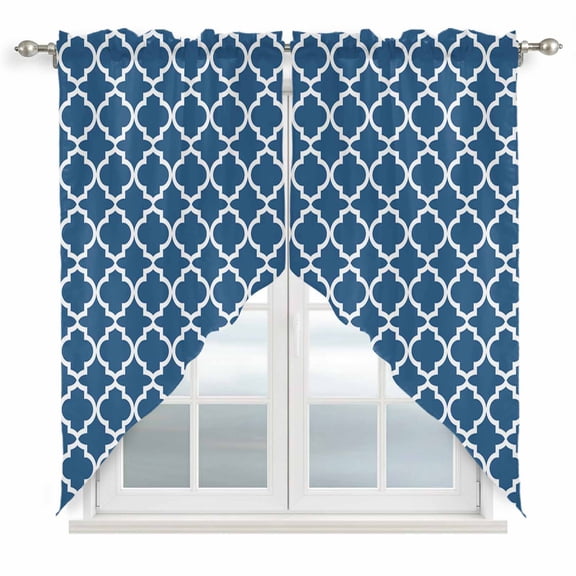 Swag Curtains Valances for Windows, Steel Blue White Geometric Short Kitchen Window Curtains Over Sink, Minimalist Morocco Pattern Cafe Curtains Panel Set Of 2,Rod Pocket, 63 Inches Length