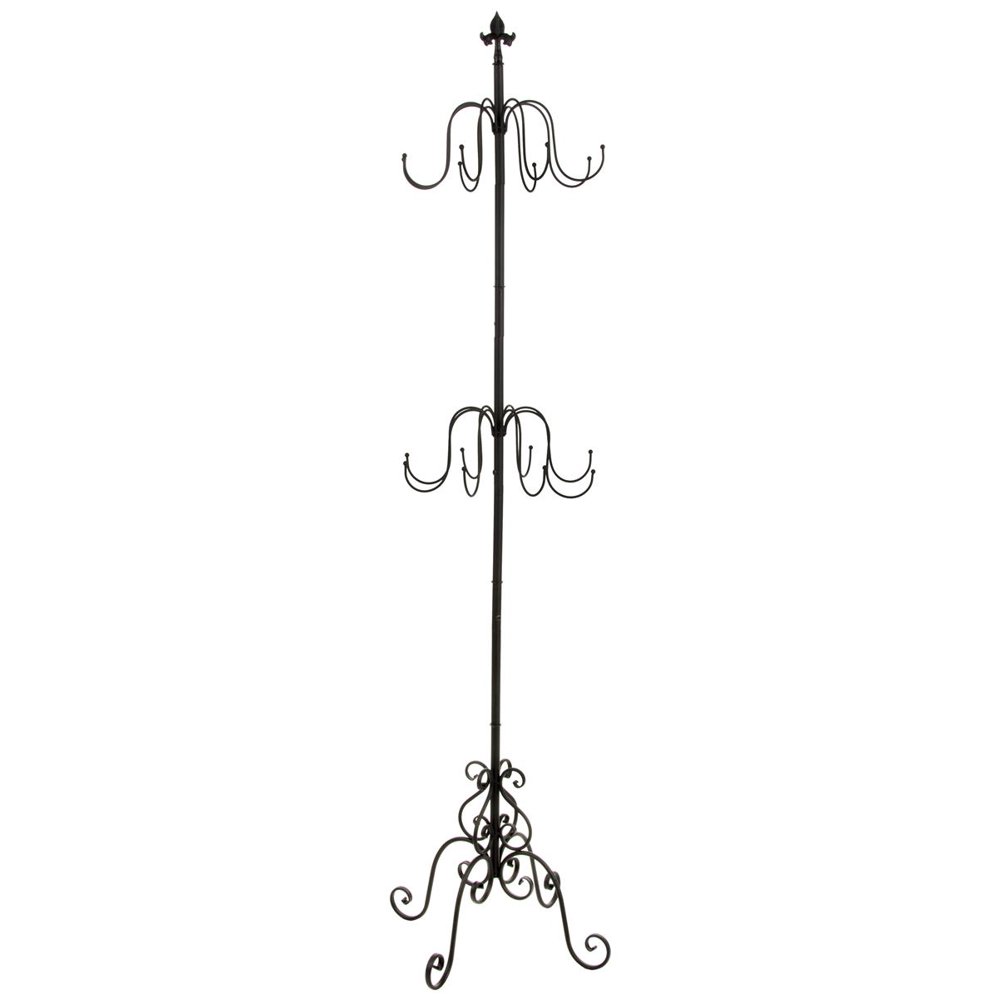 Wrought Iron Coat Rack Has 16 Hooks, Rotates, Two Tiers, Black, 73"H x