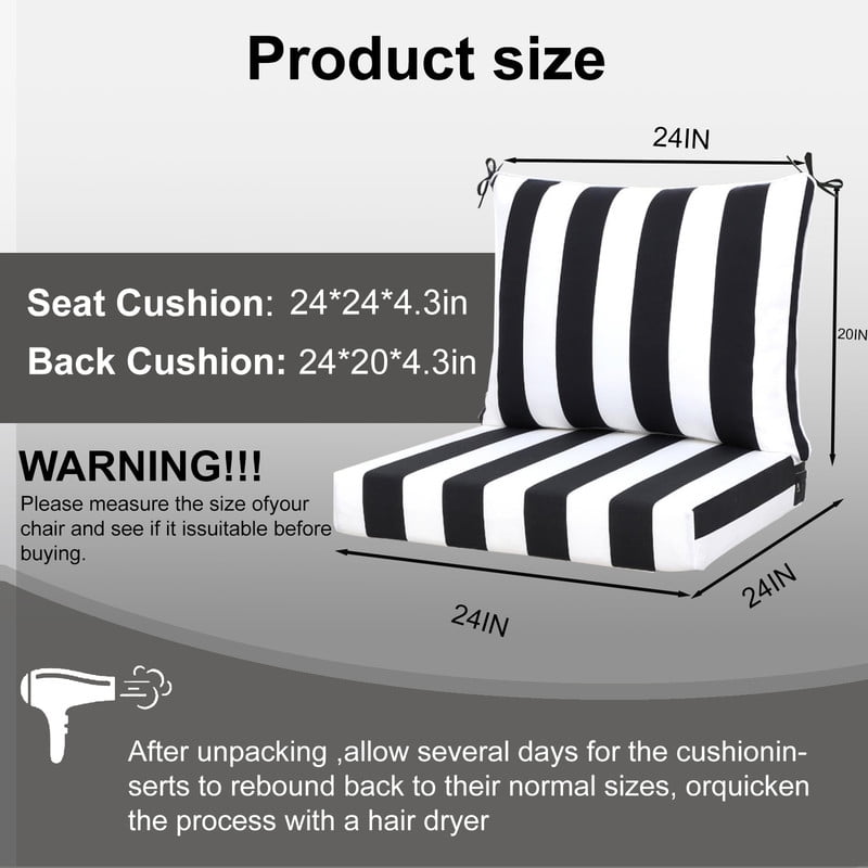 Outdoor deep seat patio cushions set, 24in x 24in, Waterproof Outdoor chair cushions, Replacement patio furniture cushions with Ties（2pc Black and white）