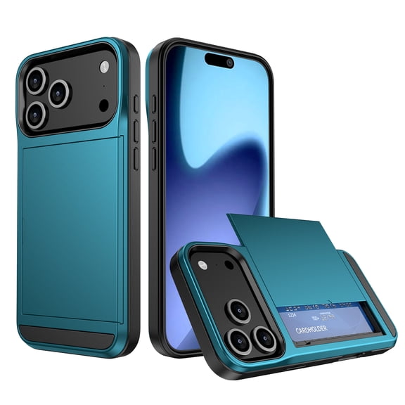 For iPhone 17 Pro Max Case with ID Credit Card Holder, Dual Layer Shockproof Hidden Sliding Card Slot Wallet Anti-Scratch Hard Shell Rugged Back Cover Slim Phone Case,Lightblue