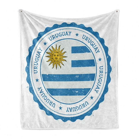 Uruguay Soft Flannel Fleece Throw Blanket, Circular Old Grunge Stamp Look Design with Country Nape and Map, Cozy Plush for Indoor and Outdoor Use, 60" x 80", Sea Blue White, by Ambesonne
