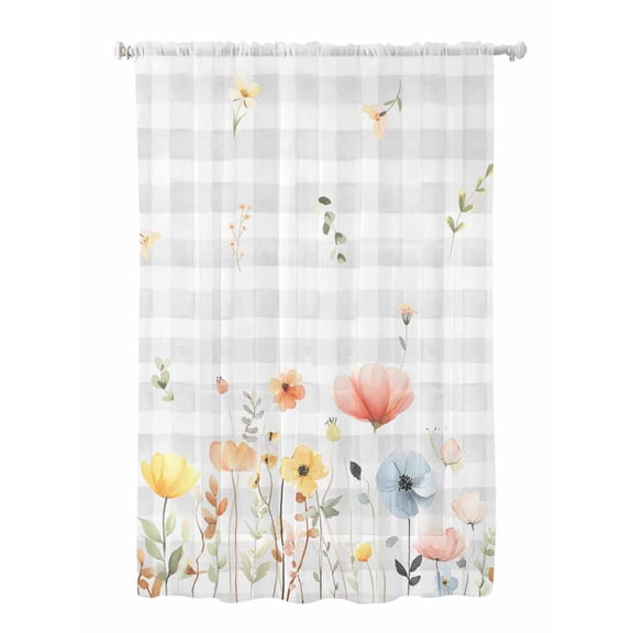 Sheer Curtains 63 Inch Length, Botanical Wildflowers Semi Sheer Curtains Light Filtering Window Treatment, Spring Farmhouse Floral Grey Plaid Privacy Voile Drapes for Living Room Bedroom 52x63 Inch
