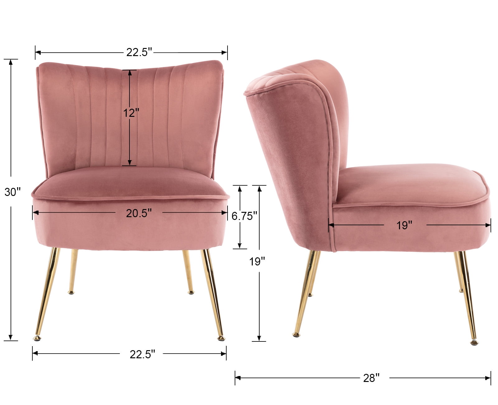 Guyou Modern Accent Chair Set of 2, Armless Slipper Chair Velvet Upholstered Lounge Chair, Wingback Single Sofa Side Chair with Gold Legs for Living Room Bedroom, Pink
