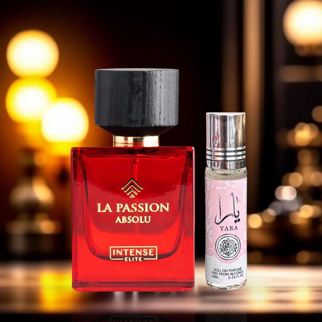 Yara Roll-On Perfume Oil CPO 10ml (0.34 oz) by Ard Al Zaafaran & La Passion Absolu for Women Eau de Parfum Spray 100ml (3.4 oz) by Intense Elite (Bundle)
