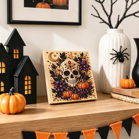Halloween Diamond Painting Kits for Adults, 3D Sugar Skull Pearl Art Craft Set, Day of the Dead Pumpkin Floral Pearl Bead Embroidery Paint by Numbers Kit for Gothic Home Wall Decor,White