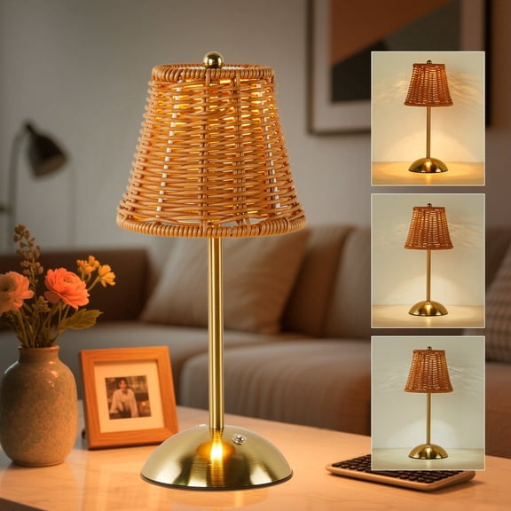 LAFAYTTE Rattan Table Lamp, Vintage Rattan LED Rechargeable Reading Light, 3 Color Temperatures Dimmable Bedside Lamp, Wicker Night Light for Bedroom, Living Room, Office