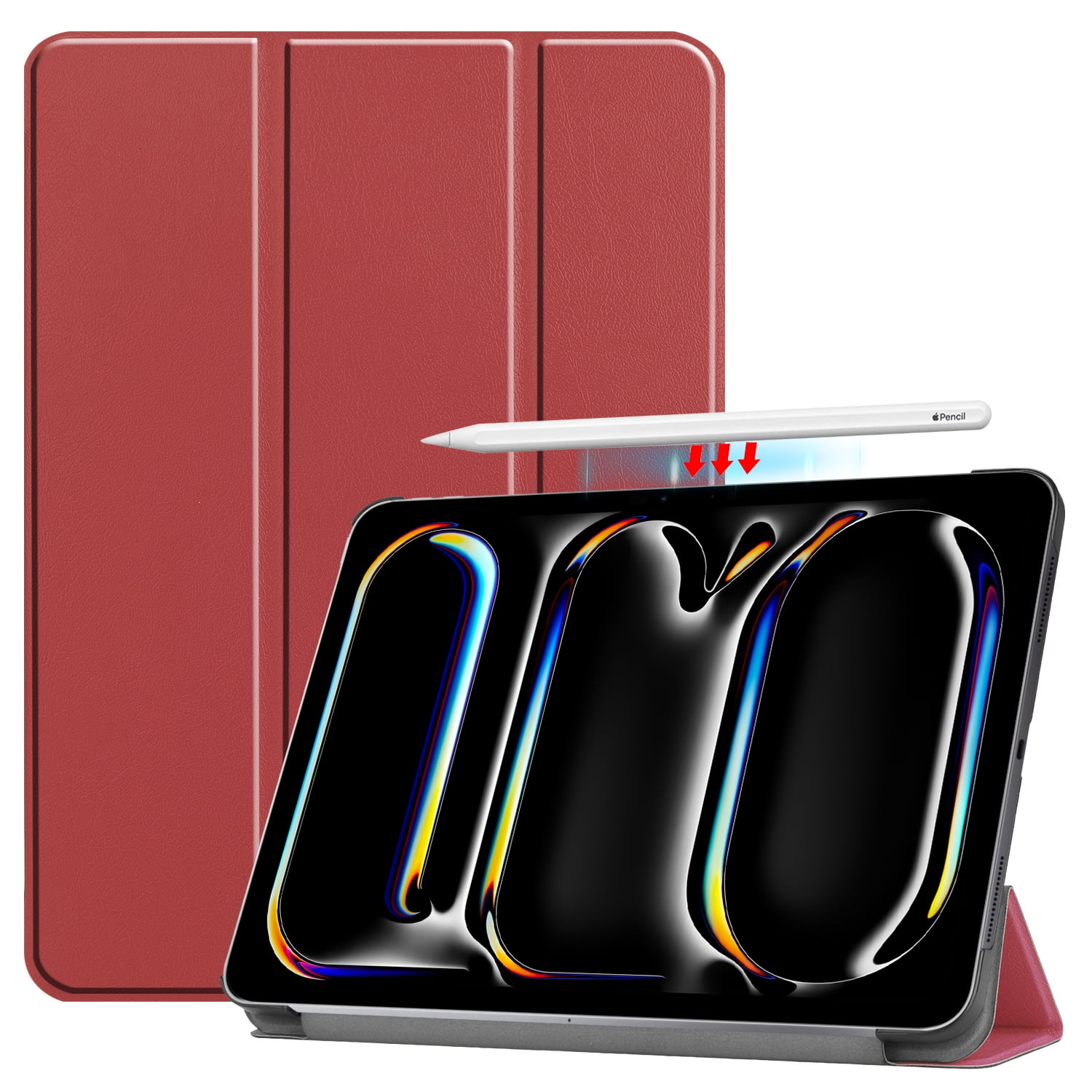 ELEHOLD Folding Case For iPad Pro 11-inch (M5) 2025, PU Leather Case Stylish Pattern Kickstand Magnetic Auto Wake/Sleep Folio Slim Shockproof Case Cover,Winered
