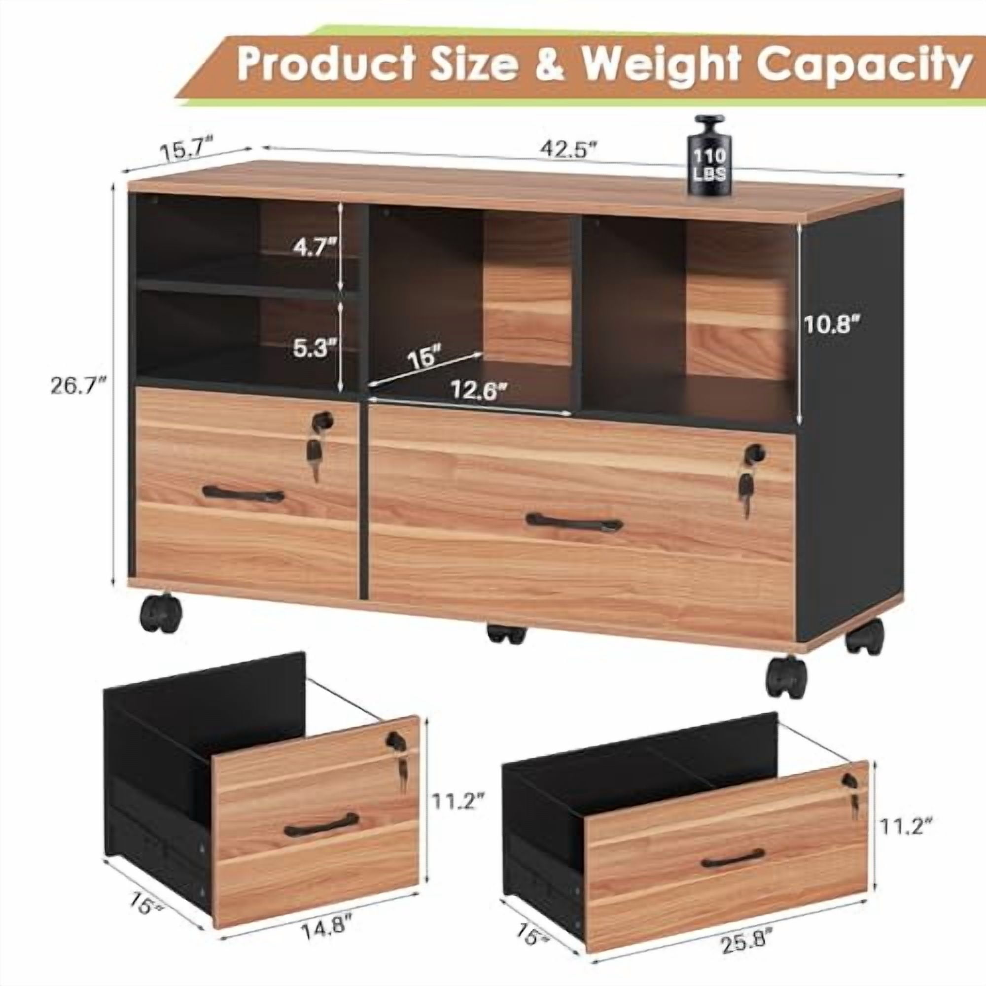 Semoic 2 Drawer File Cabinet for Home Office, Lockable Rolling Filing Cabinet with Adjustable Shelves, Wood Lateral File Cabinet with Lock, Printer Stand Office Storage Cabinet, Ru