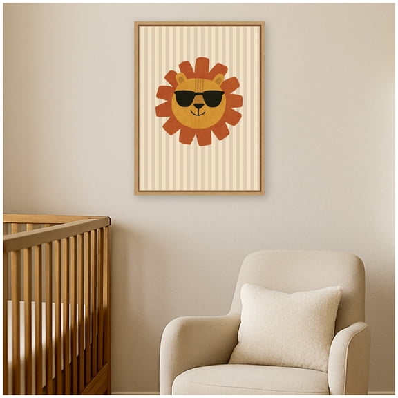 Kate and Laurel Framed Canvas Wall Art Print Cool Lion Rolled Poster Sunglasses by Laura Moss, 18 x 24 Sylvie Natural Frame, Whimsical, Kid Art for Wall Decor