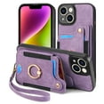 thumbnail image 4 of Nalacover For iPhone 14 Plus Case Ring Holder Kickstand with Credit Card Holder, Back Flip Premium Leather Magnetic Clasp Removable Wirst Hand Strap Cover For iPhone 14 Plus, Purple, 4 of 14