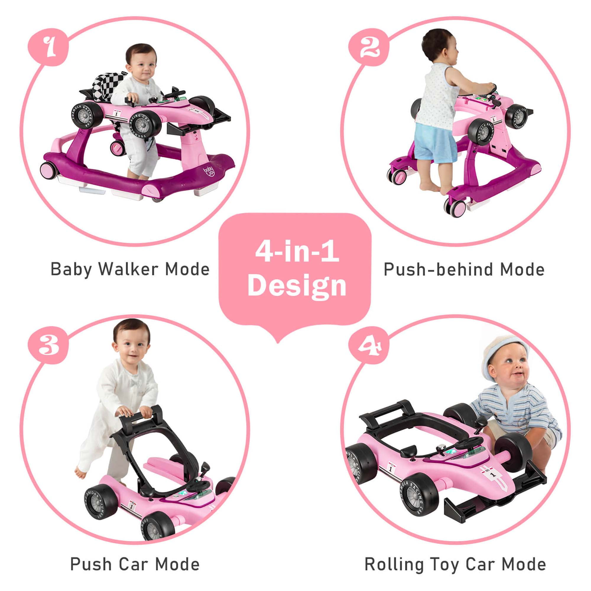 Costway 4-in-1 Baby Walker Foldable Activity Walker with Adjustable Height & Speed Purple