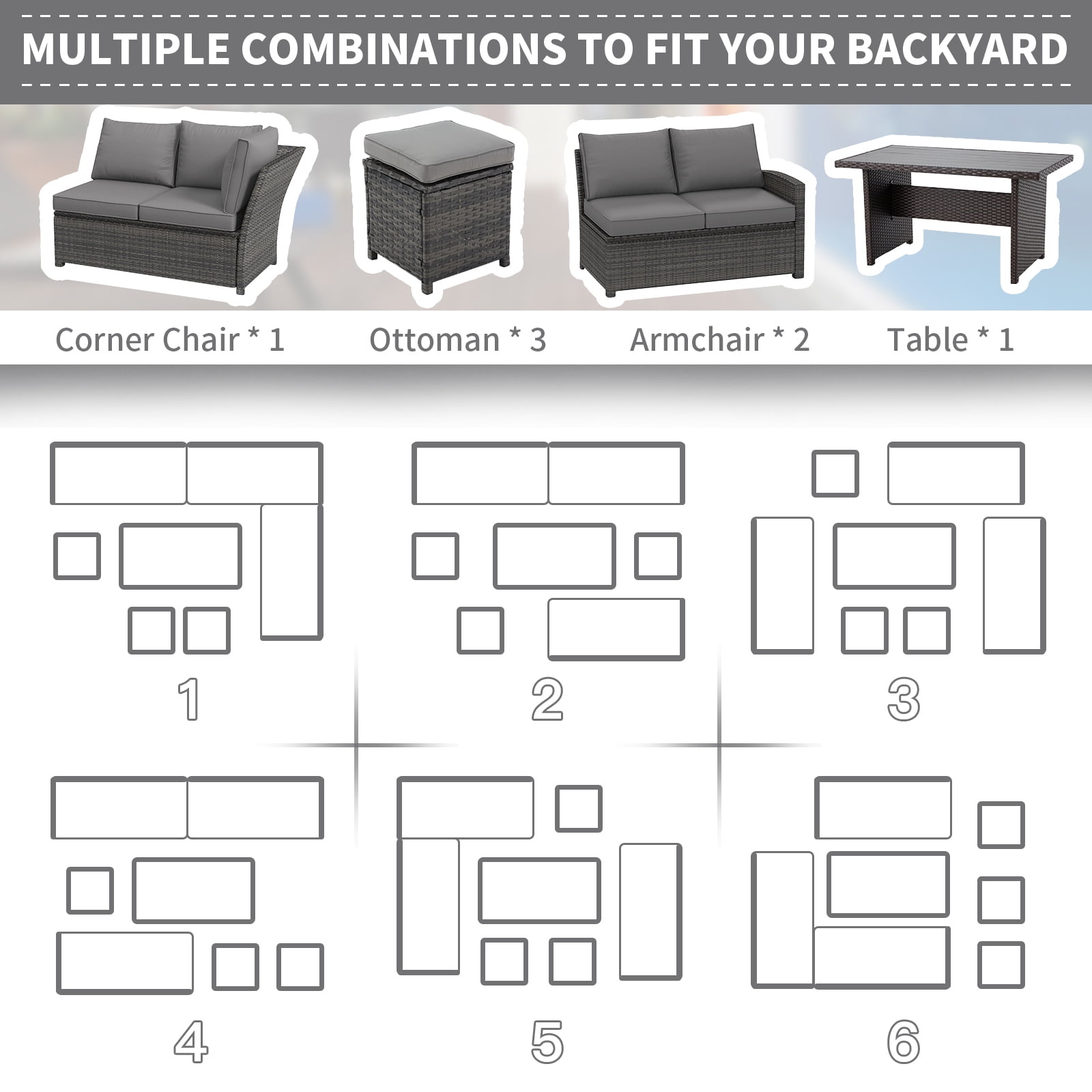 AECOJOY Patio Furniture Set, 7-Piece Rattan Wicker Sectional Sofa Couch, Outdoor Dining Conversation Set in Gray