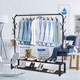 thumbnail image 2 of Garment Racks, Clothing Rack for Hanging Clothes, Garment Rack W/6 Hooks & 2-Tier Storage Shelf, 43.31*13.78*57.48 Inches, Single Rail Clothes Rack Stand, Free Standing Black Garment Rack, 2 of 10