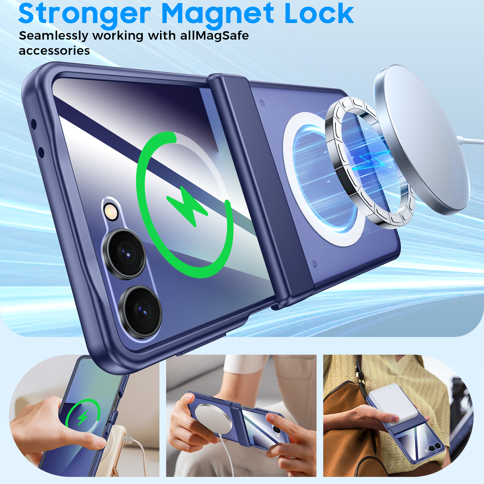 Vizvera for Samsung Galaxy Z Flip 7 Case,with Magnetic Power [Slim Design][Screen Protector][Hinge Protection] Translucent Matte Shockproof Protective Phone Case-Blue