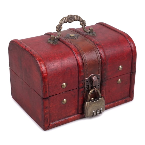 Yammee Antique Vintage Wooden Treasure Chest Decorative Wood Jewelry Storage Trunk Box with Metal Lock for Pirate Keepsake