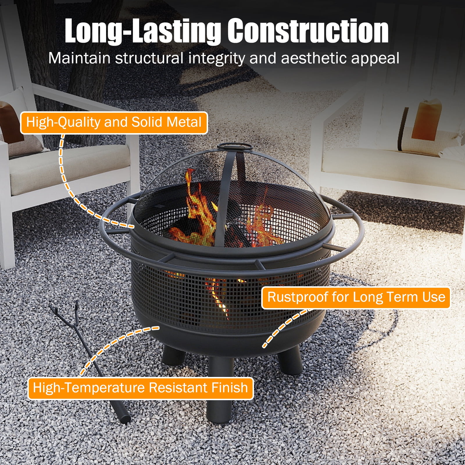 Patiojoy 24" Wood Burning Fire Pit Portable Heavy Duty Firepit with Log Grate