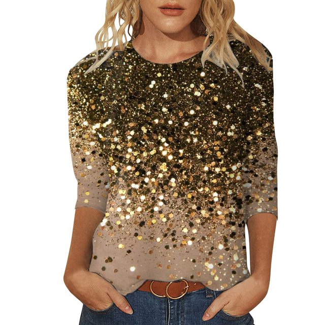 YDLCAFD T-Shirt Femme Manches 3/4 Imprimé Paillettes Col Rond T-Shirt