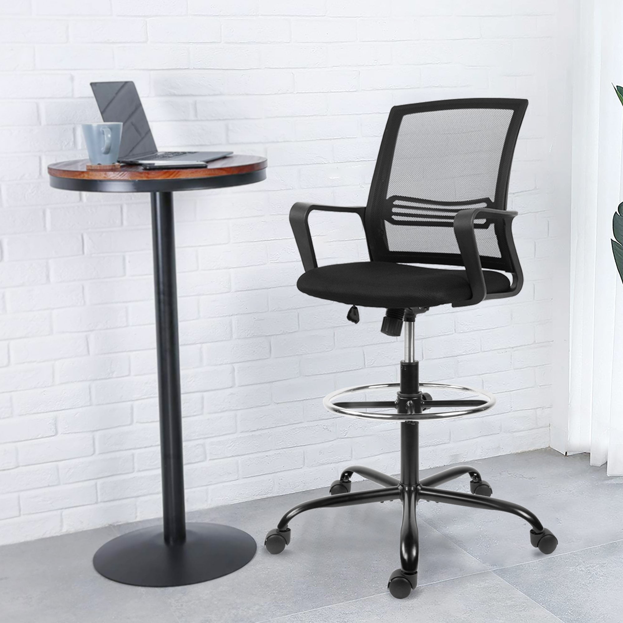 Mesh Drafting Chair Tall Office Chair Ergonomic Standing Desk Chair with Tilt Seat and Adjustable Foot Ring Black 