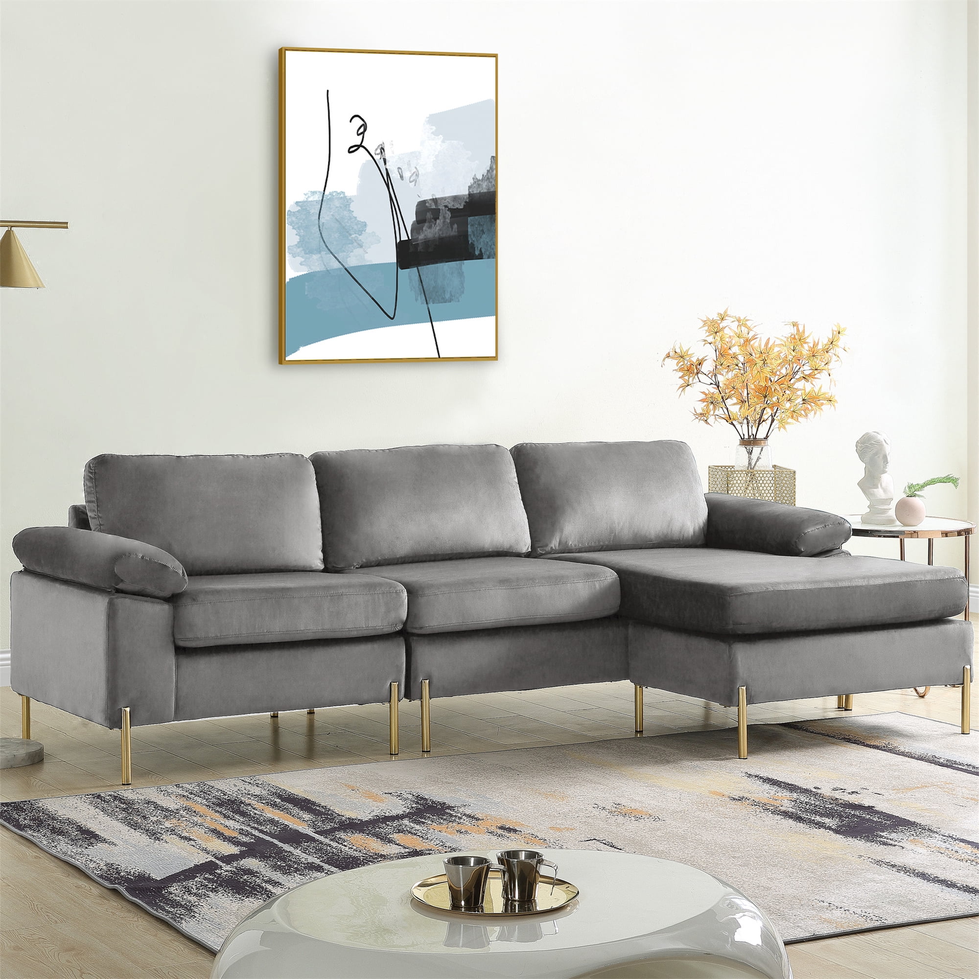 Aukfa 101" Velvet Sectional Sofa Pillow Top Arm Sleeper Couch for Living Room, Gray