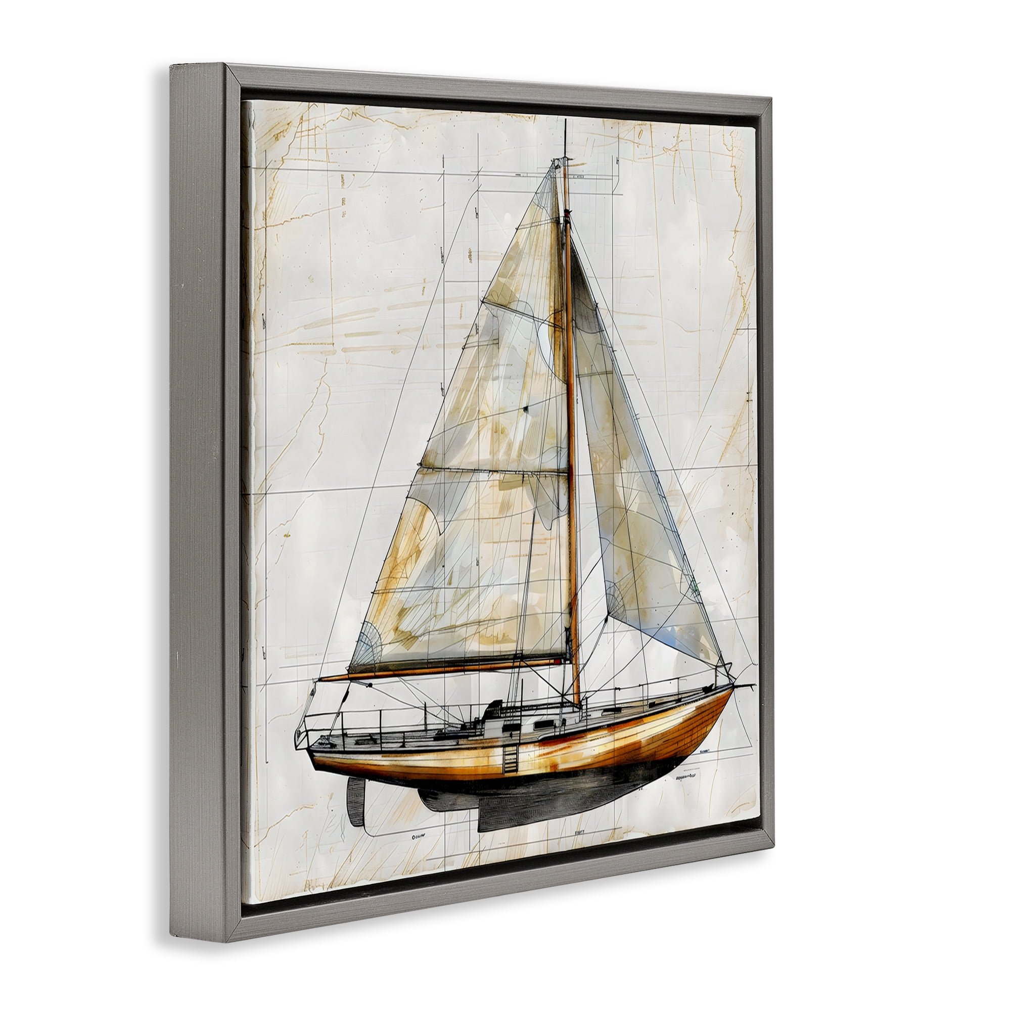 Stupell Industries Vintage Sailboat Drawing Blueprint Gray Framed Floater Canvas Wall Art, design by Creative Studio