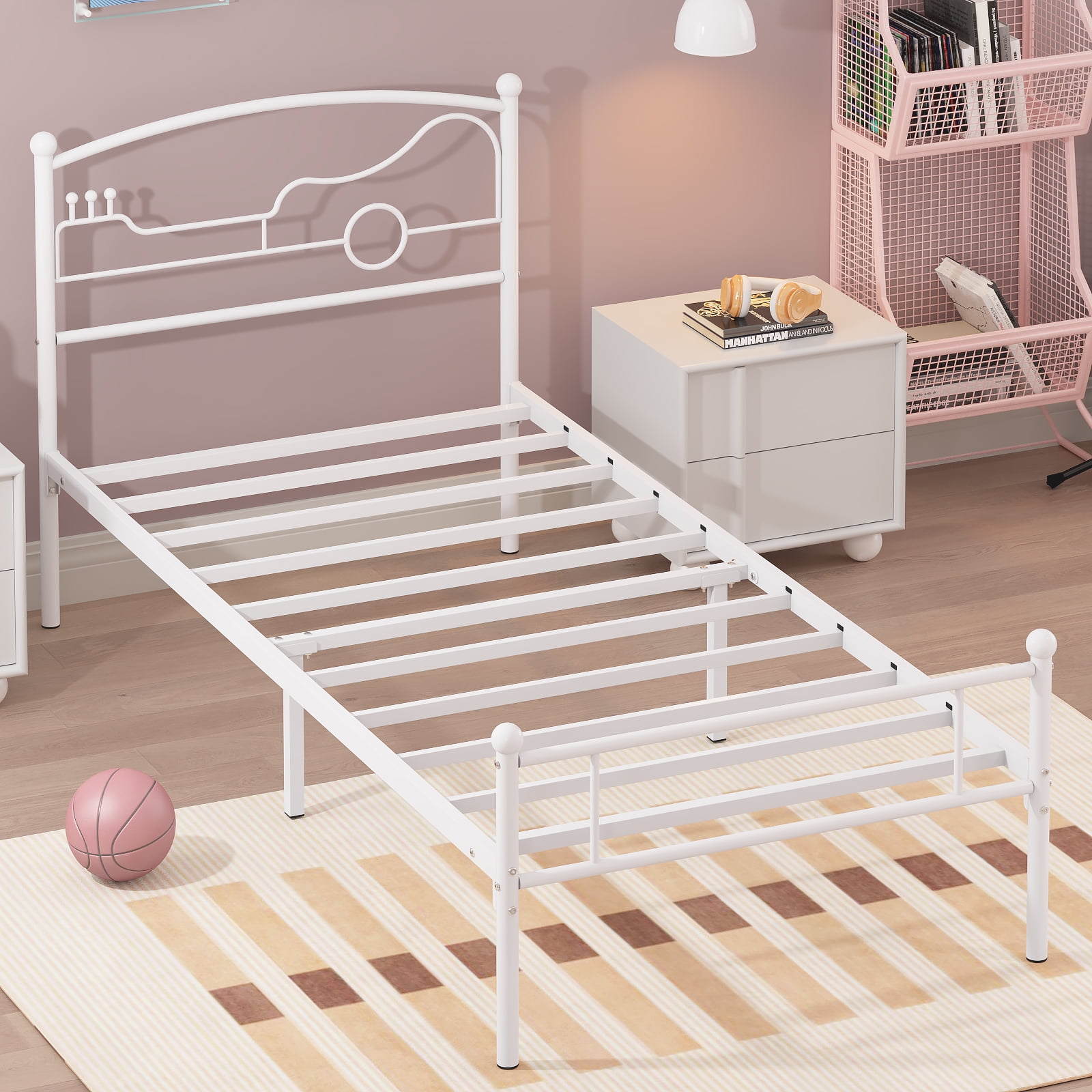 Yoneston Twin Size Platform Bed with Guitar Headboard Heavy Duty Metal Bed Frame for Boys Kids Teens Bedroom Furniture, White