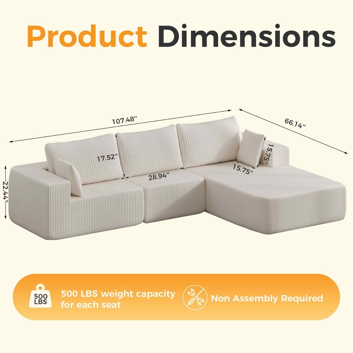 MAYEERTY 105IN Convertible Fluffy Sofa, 4‑Seat Memory Foam Modular Sectional Couch, Versatile Upholstered Free‑Combination Sofa for Living Room Bedroom Home Office Studio Apartment