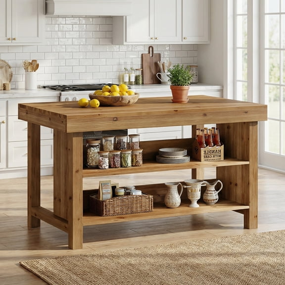 Finmind Solid Wood 55-Inch Bar Table, 3-Tier Farmhouse Home Bar Unit with Open Storage Shelves