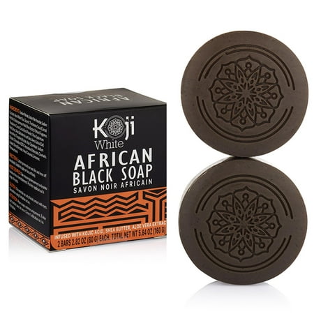 Koji White African Black Soap - Facial Exfoliant for Blackheads, Brightening & Moisturizing Skin with Kojic Acid, Shea Butter, Aloe Vera for Glowing Skin - Vegan, Paraben-Free, 2.82oz (2 Bars) C6